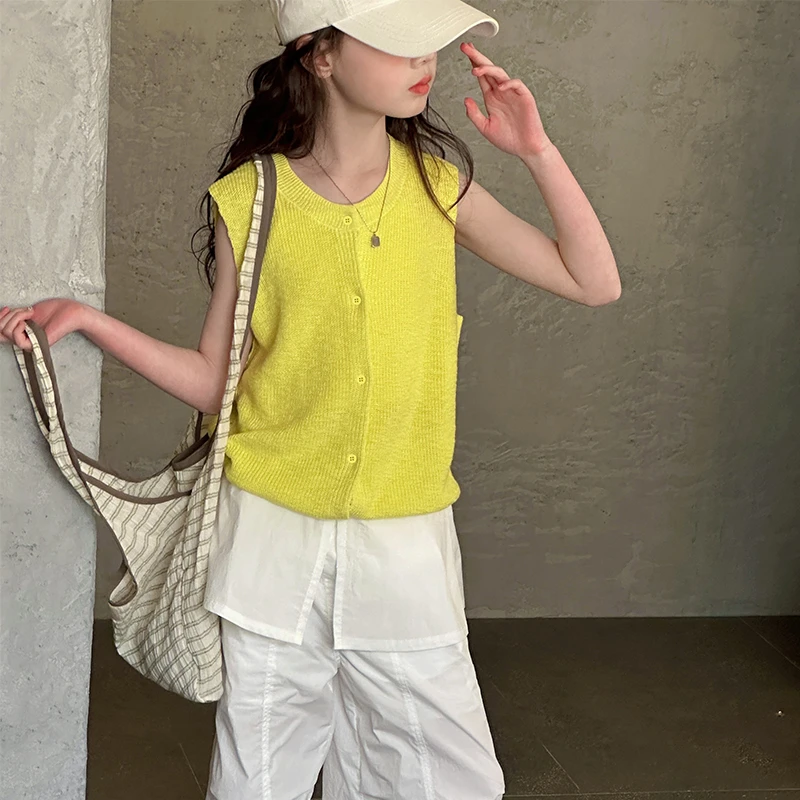女童针织背心套装2025夏装新款儿童夏季洋气薄款女大童无袖阔腿裤