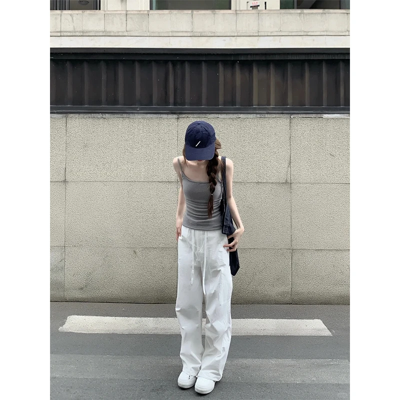 新款时尚气质简约基础款百搭吊带高级灰上衣显瘦直筒阔腿裤长裤女