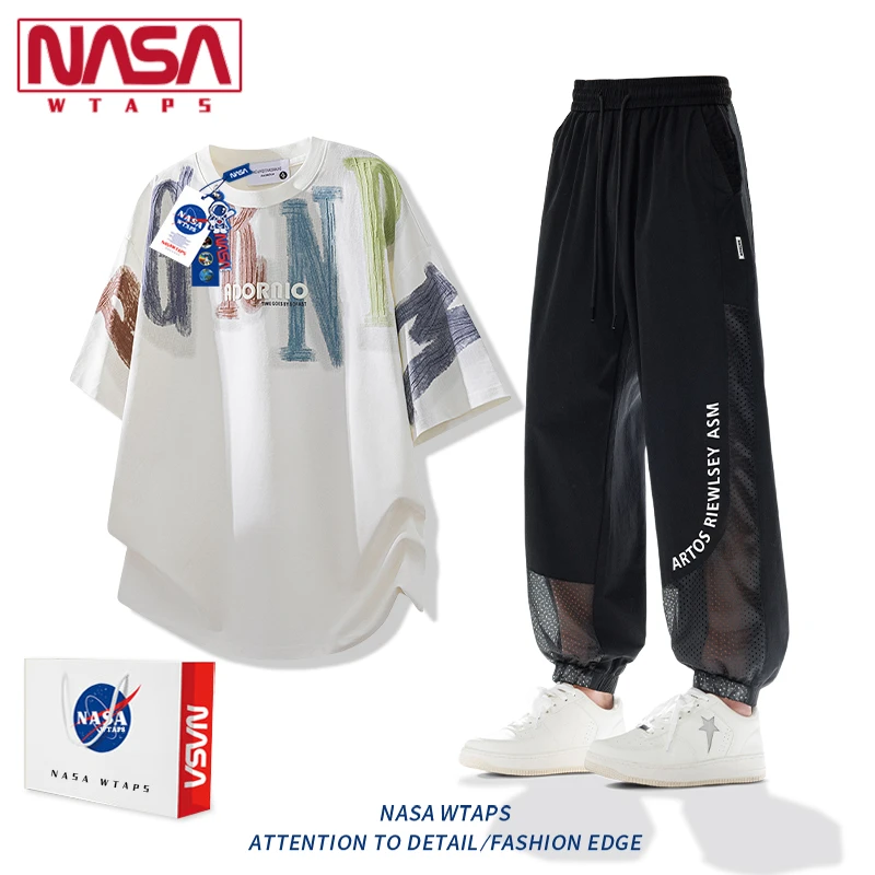 NASA WTAPS冰丝运动套装男士夏季新款短袖t恤休闲字母潮搭一套男