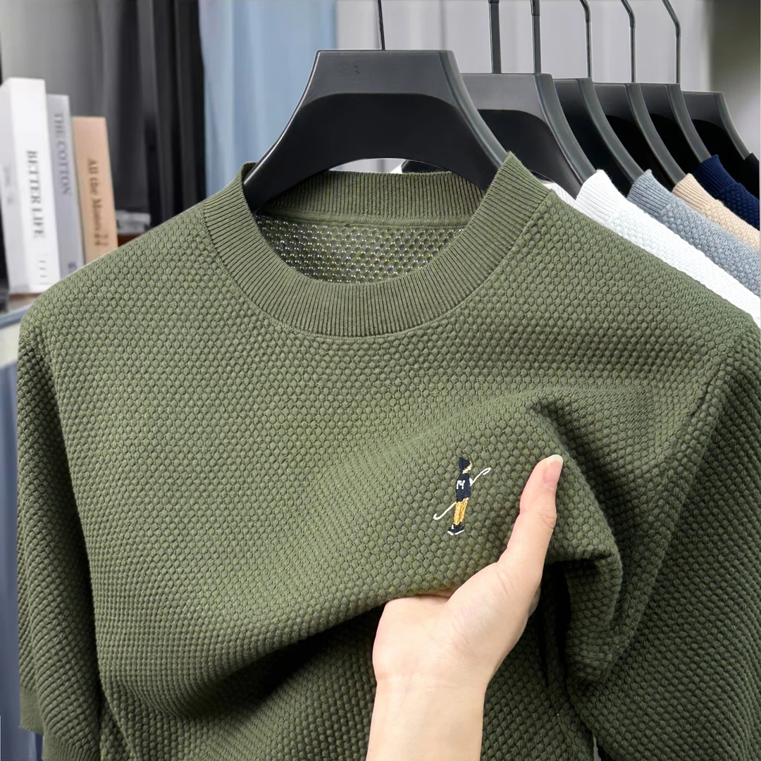 2025年春夏新款100棉菠萝针刺绣圆领短袖T恤男士休闲百搭打底针织