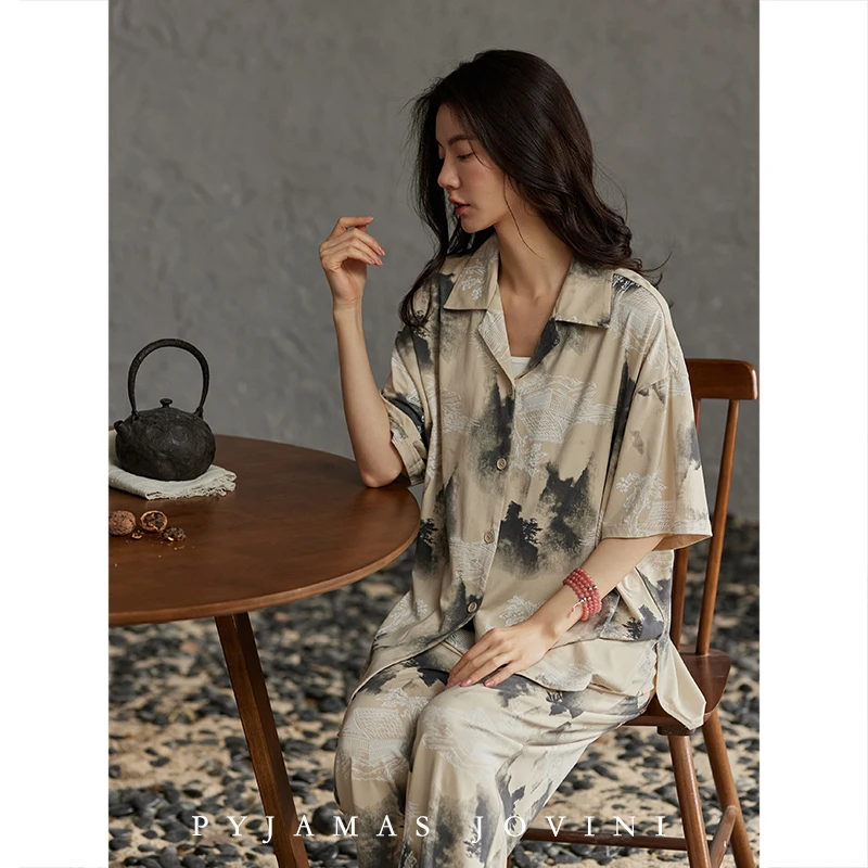 俏薇妮莫代尔棉睡衣女春夏带胸垫一体短袖长裤薄款凉感可外穿套装