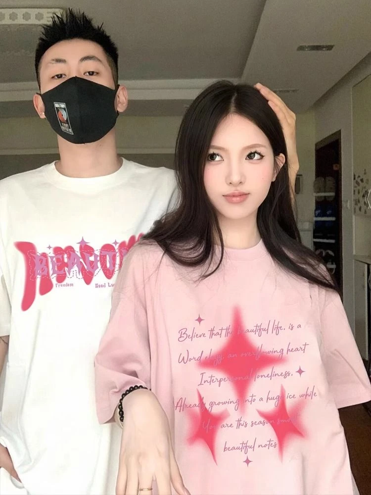 情侣装夏天款一男一女情侣短袖T恤上衣宽松纯棉2025新款爆款ins潮