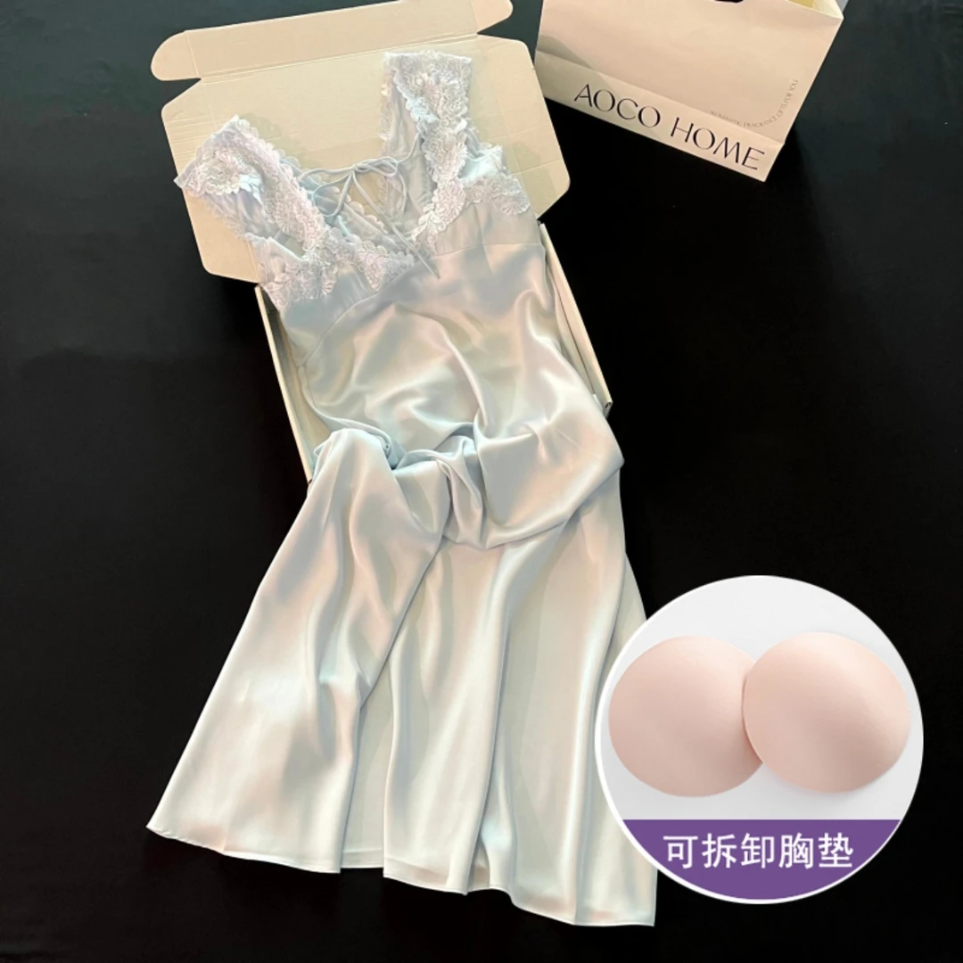 冰雪丝睡衣睡裙女士夏季带胸垫2025新款凉感蓝色吊带裙性感家居服