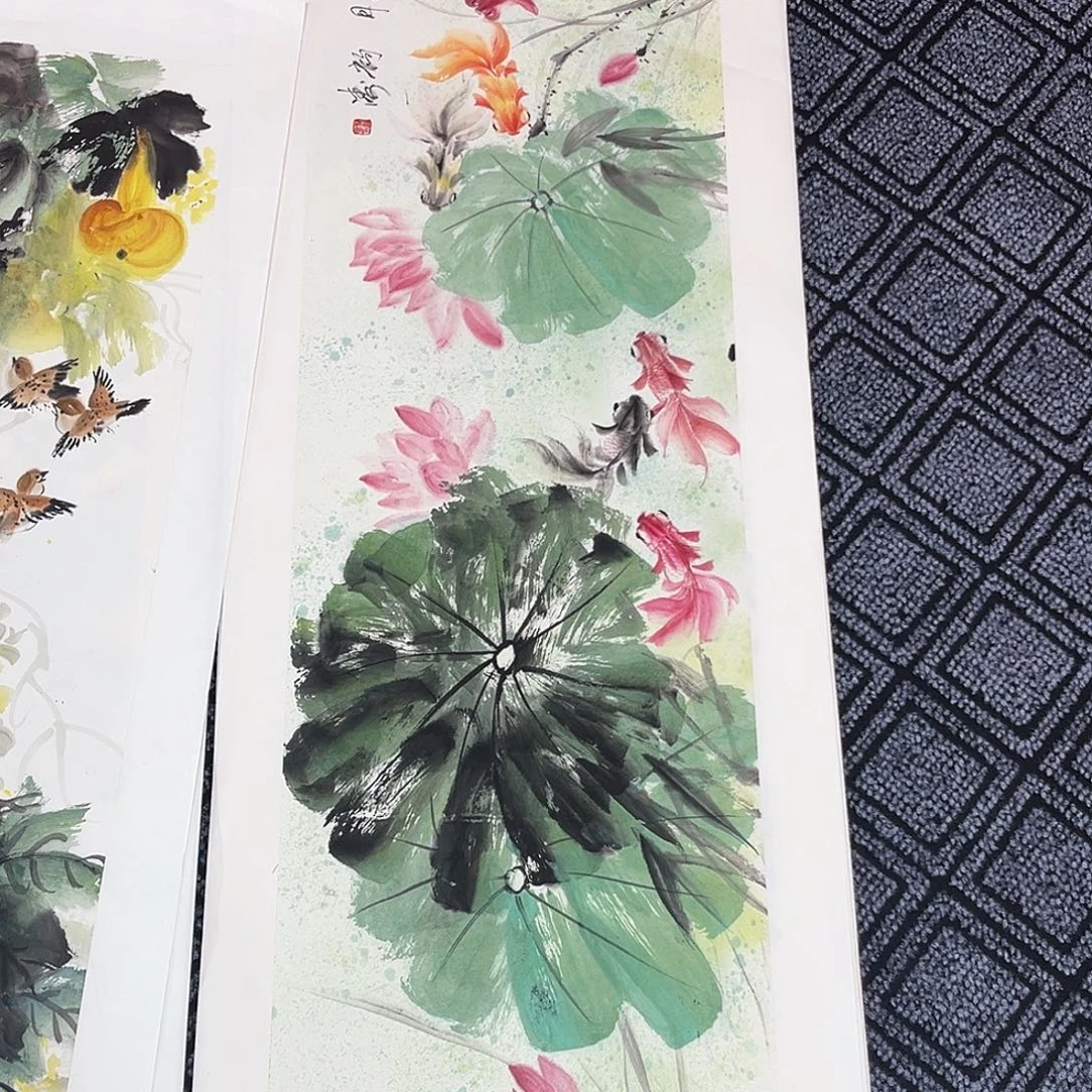 今***缘国画四尺三开花鸟作品
