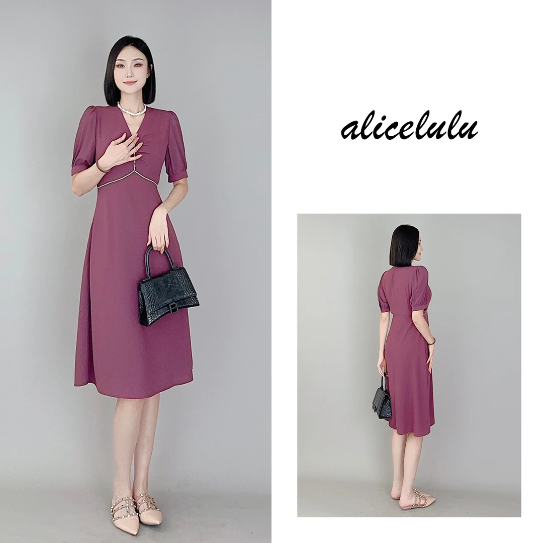 6ALICE“天边紫红”连衣裙优雅烫钻时髦褶皱S2138856Q