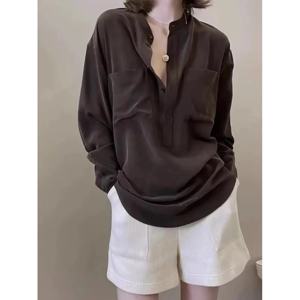 今年流行！咖色长袖衬衫女春秋宽松慵懒文艺简约复古独特薄款上衣