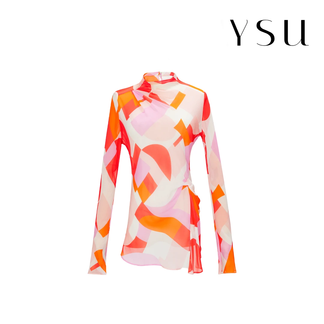【余书】新款休闲修身透气显瘦印花几何图桑蚕丝上衣C10008