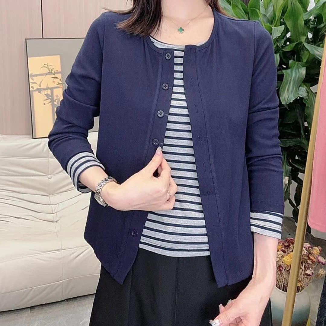 2025秋季新款时尚洋气条纹拼接假两件大码上衣显瘦爆款套头T恤衫