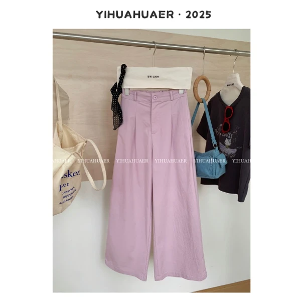 东大门韩国原单夏款百搭复古压线半松紧腰时尚纯色阔腿休闲裤3031