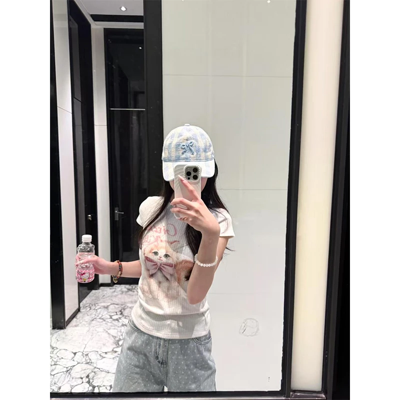 美式复古可爱猫咪印花短袖T恤女修身显瘦小个子甜辣妹百搭上衣潮