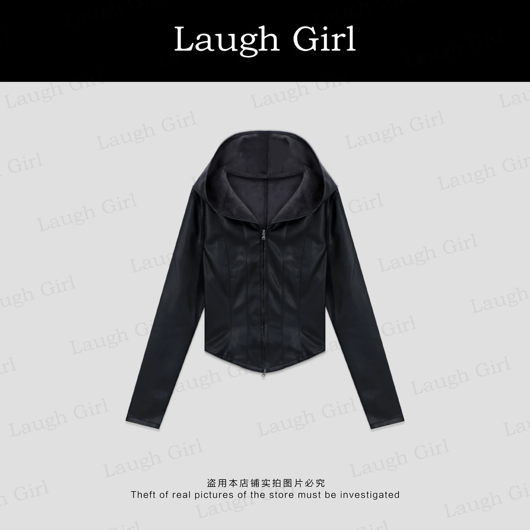 楚楚君 Laugh girl【小腰精】连帽修身显瘦双拉链皮衣外套WL531072J