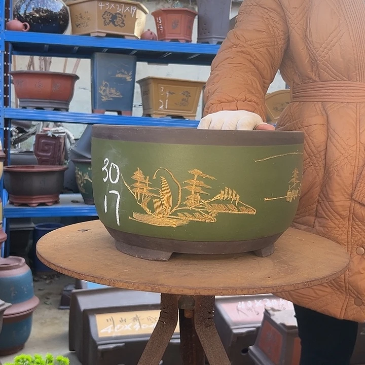 30绿描金球盆花盆