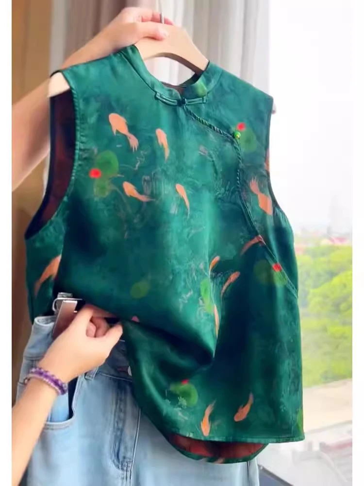 今年流行漂亮独特超好看新中式国风绿色印花盘扣马甲上衣女夏2025