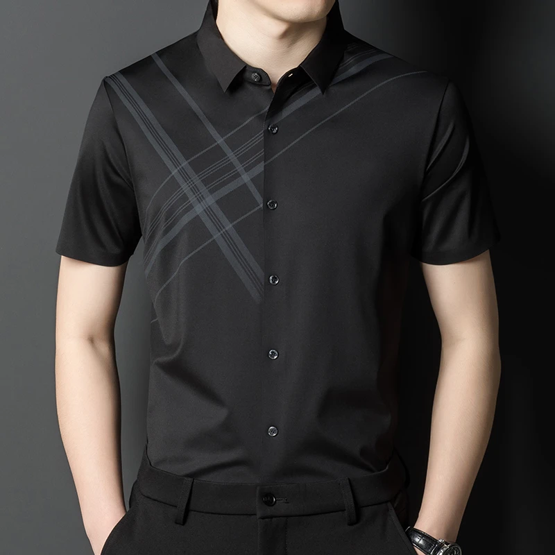 男士短袖衬衫夏季薄款商务休闲弹力抗皱无痕免烫衬衣翻领高档寸衣