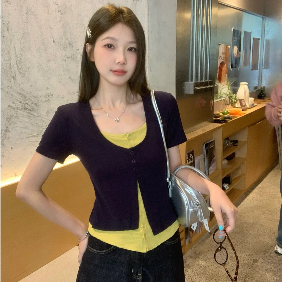 大码胖mm韩版chic撞色U领假两件短袖T恤女夏季设计感修身显瘦上衣