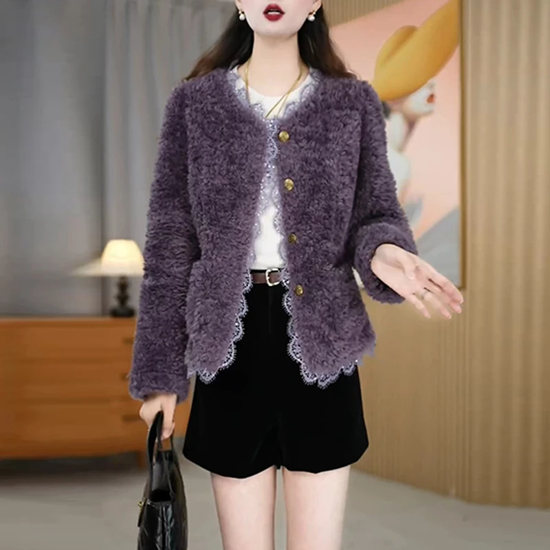 皮毛一体加绒短款外套女气质轻奢花边圆领保暖毛绒棉服小香风上衣