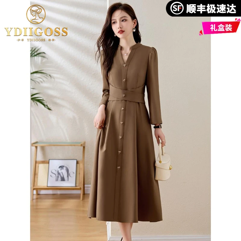 伊蒂格世高级感长袖连衣裙女2025年新款法式气质通勤收腰显瘦裙子
