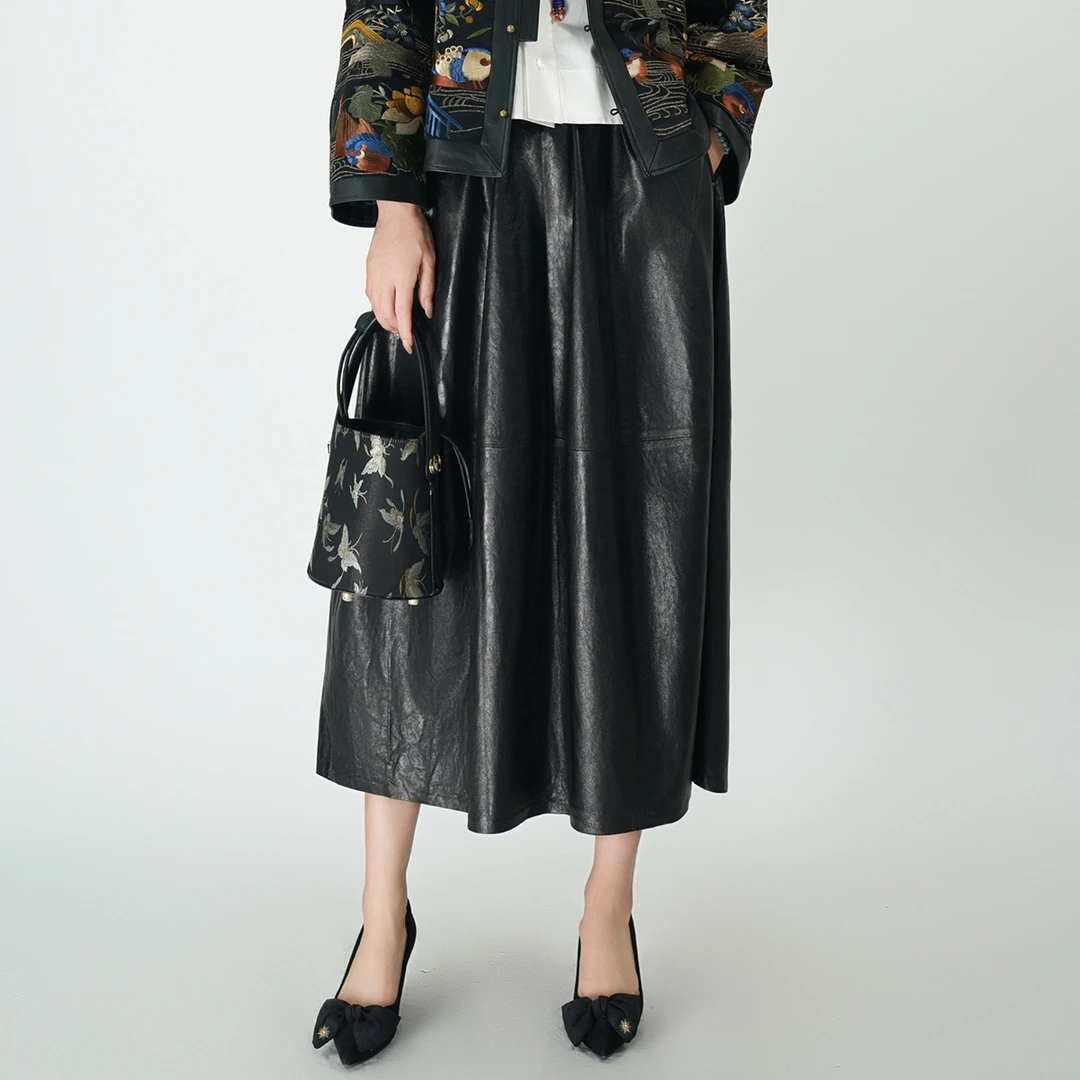 中式手工高定进口羊皮女宽松纯色百搭时尚秋季半裙WH0500627