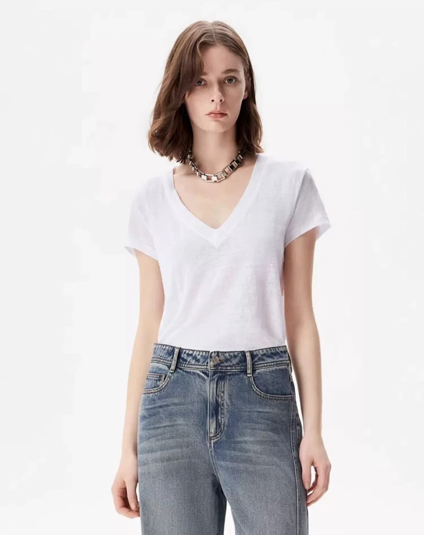 杰瑞【莉莉丝】【明星同款】夏款法式正肩V领短袖亚麻T恤淡人可露丽