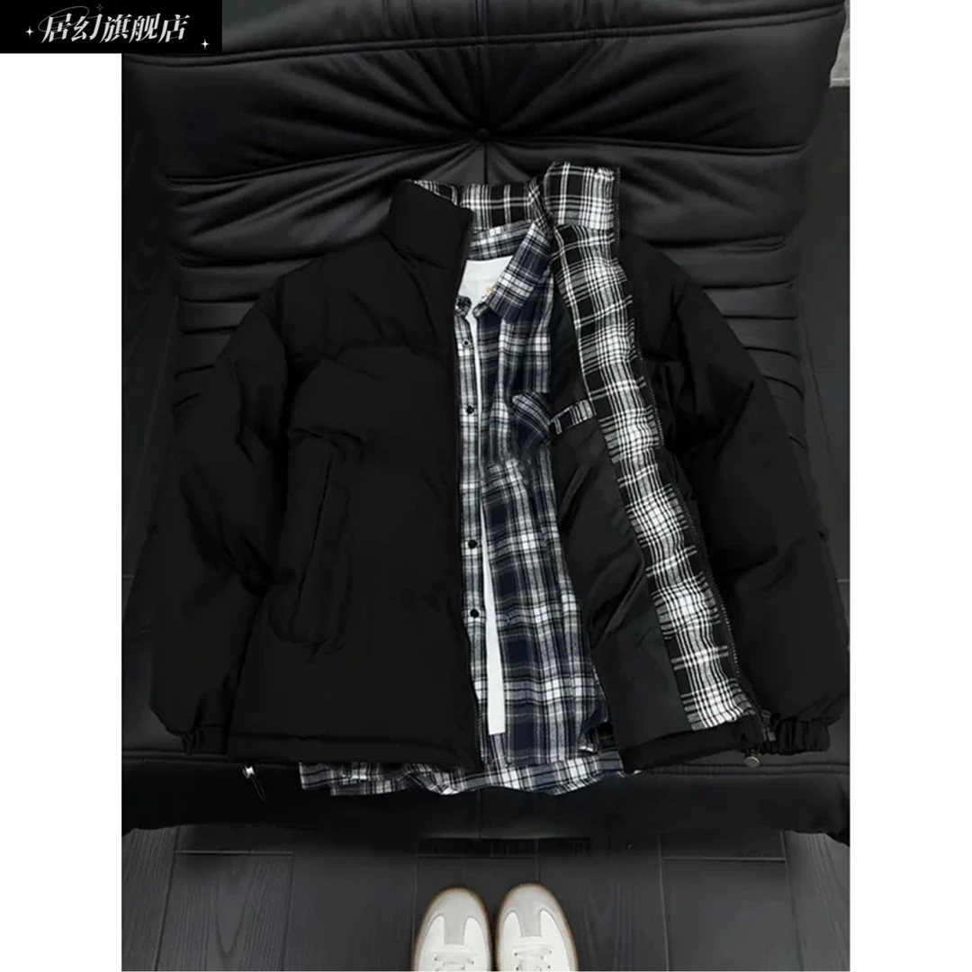 居幻格子拼接短款棉服男女冬季面包服立领加厚保暖棉衣棉袄外套潮