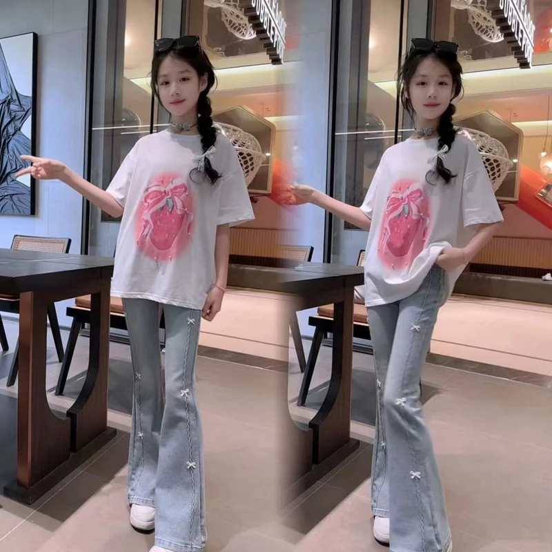 女童夏季套装2025新款洋气短袖T恤修身牛仔喇叭裤两件套女孩衣服