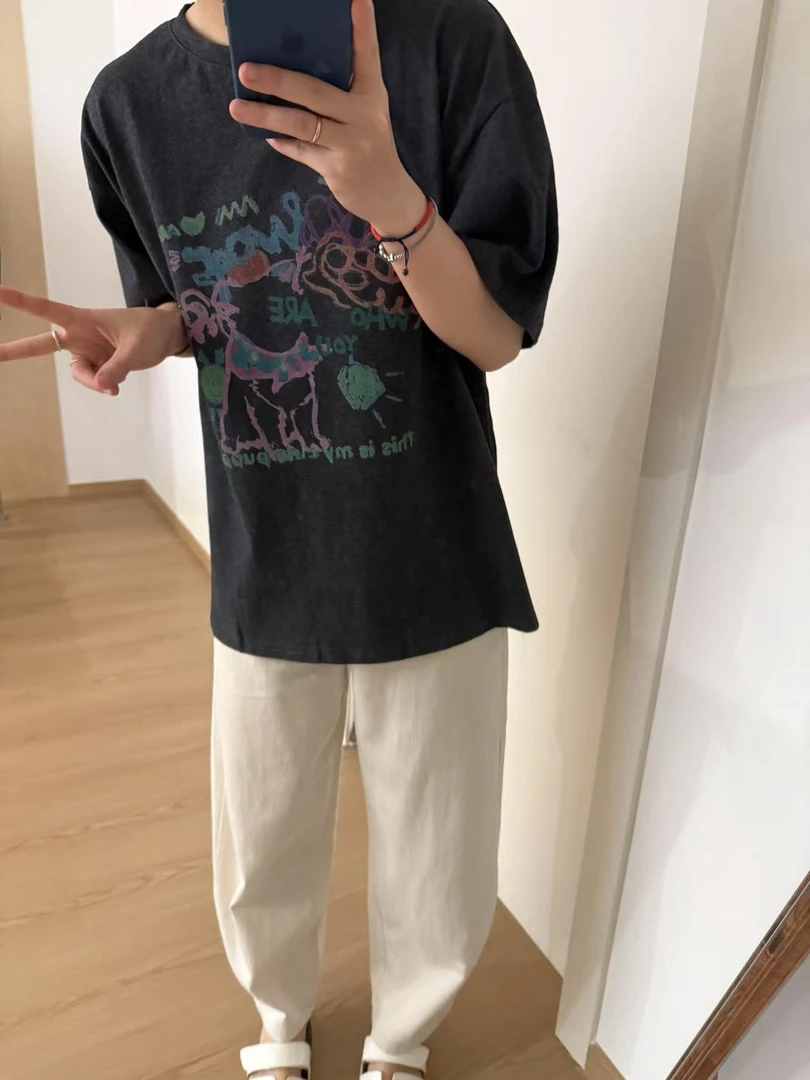 Sevbasks 七七家韩版 藏青宽松大版涂鸦设计感韩韩秋款磨毛半袖