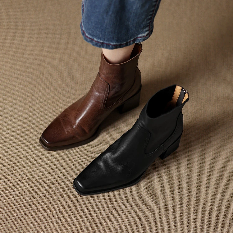 头层牛皮~6.5cm复古粗跟马丁靴英伦风靴子高跟短靴厚底真皮女靴子