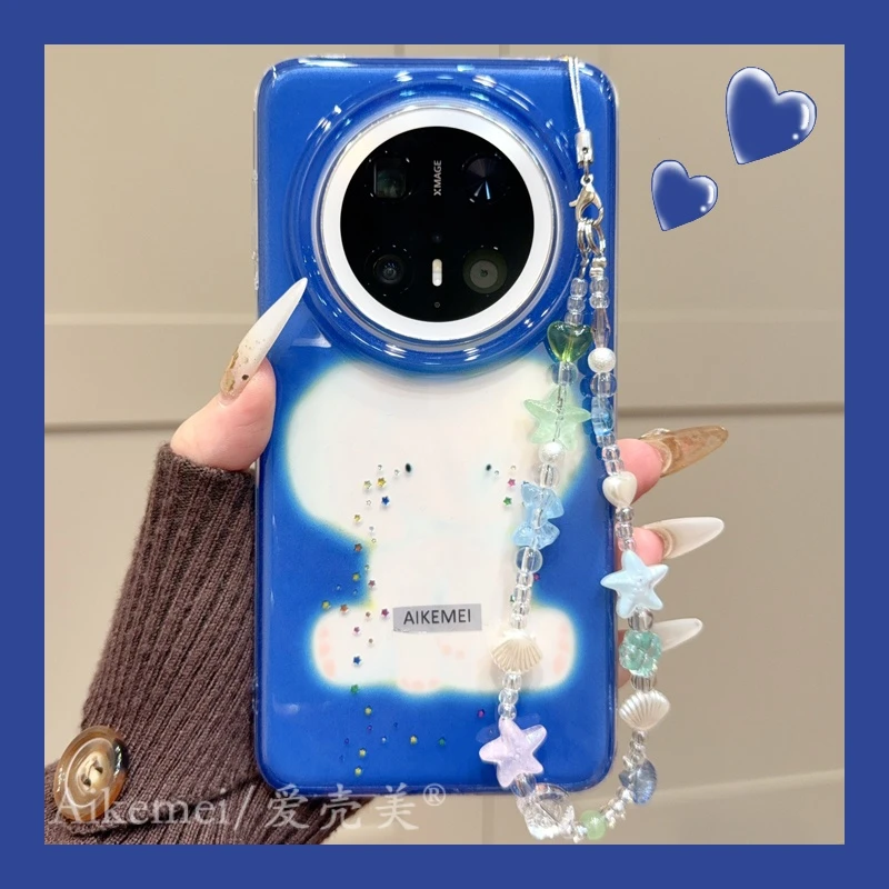 适用华为mate70pro+手机壳蓝色透明Mate60pro+闪粉镂空大象链条女