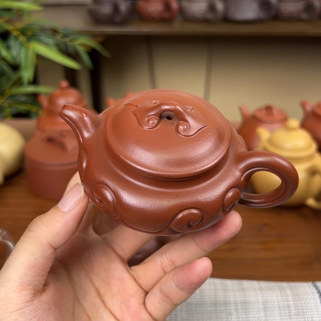 越***动茶壶紫砂紫砂壶仿古如意朱泥100cc全手