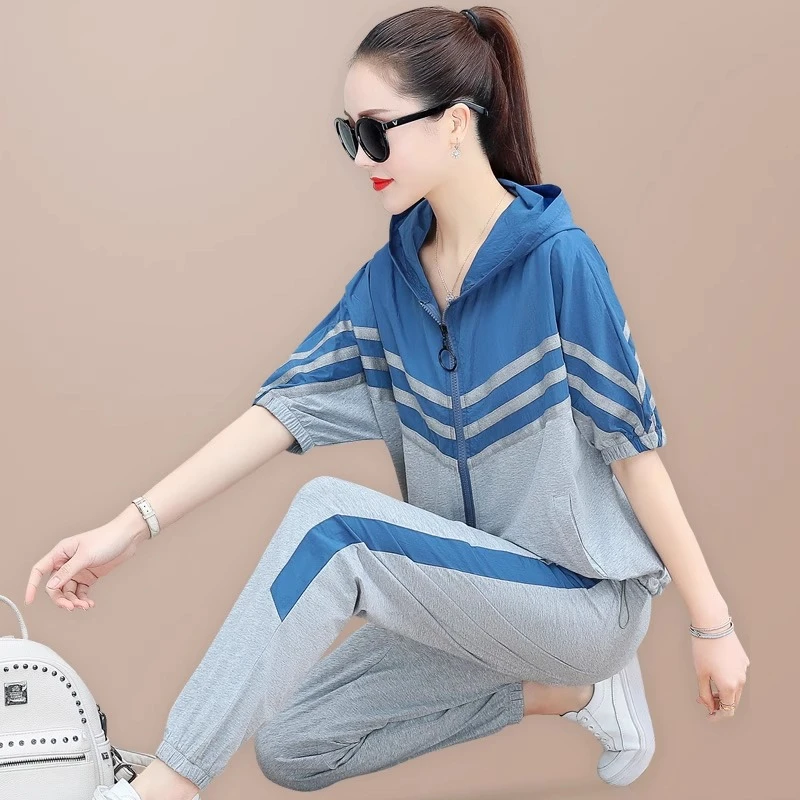 运动套装夏季薄款女2025新款时尚减龄连帽短袖长裤洋气休闲两件套