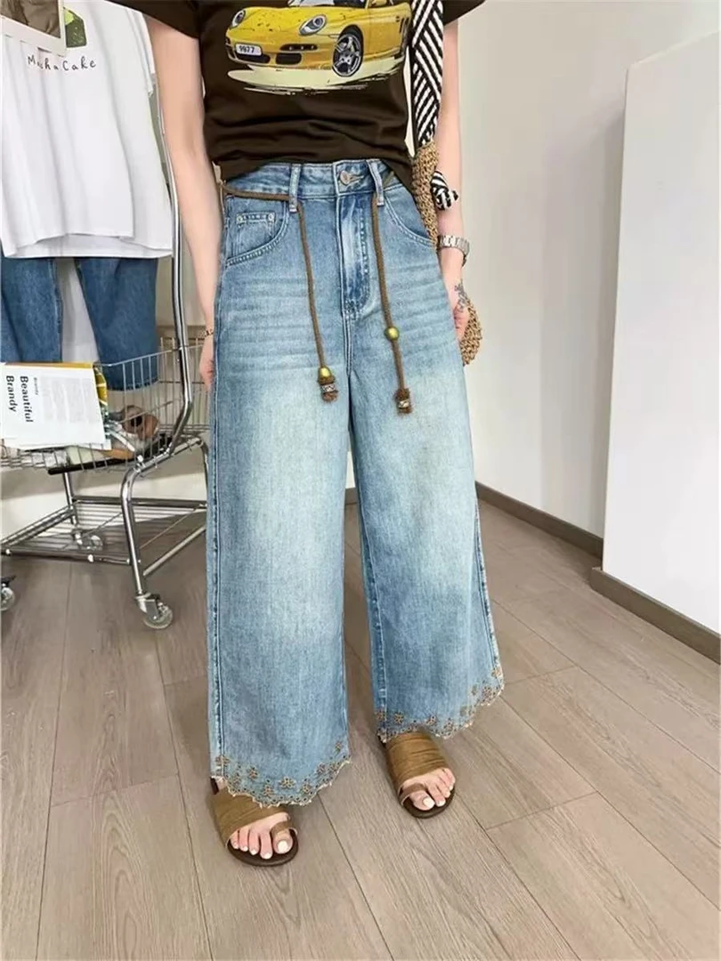 【锐姐优选】[1865牛仔裤]高腰时尚休闲花边牛仔裤