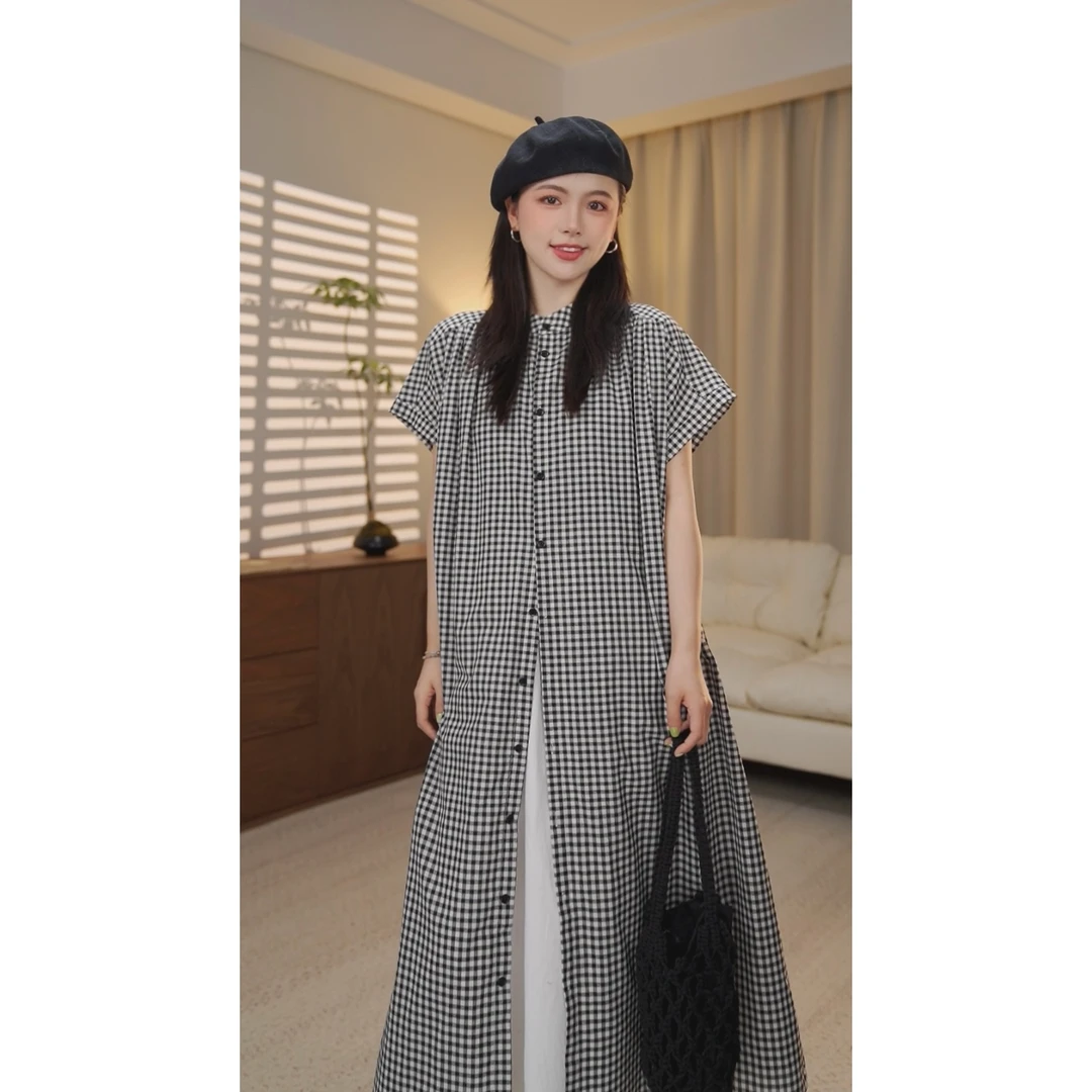 圆圆 【秘密钢琴】宽松长款落肩短袖衬衫裙 YY 8180