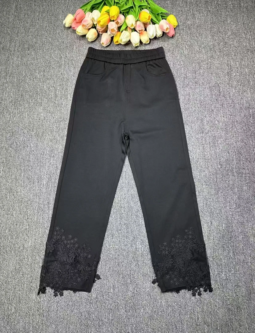 【珊珊家】新品轻薄款蕾丝拼接显瘦直筒裤