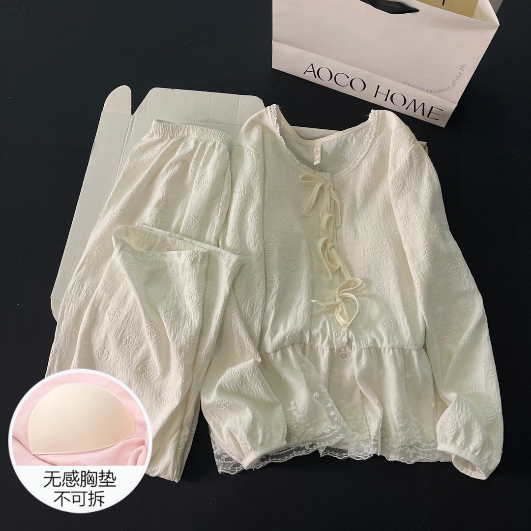 睡衣女春秋夏季长袖大码带胸垫2025新款凉感杏色可外穿家居服套装