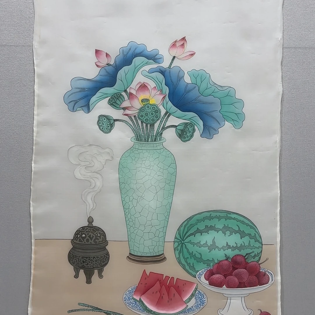 国画绢本工笔竖幅四尺荷韵贾敏