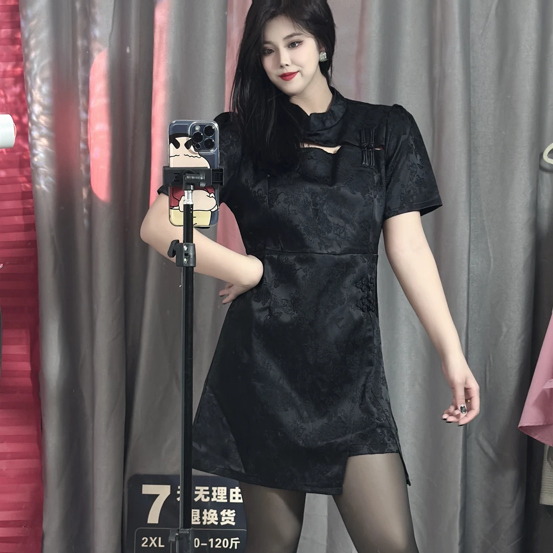 羞羞大码(旗开得胜)中式气质收腰国潮夏季复古显瘦连衣裙734