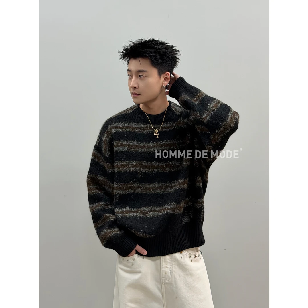 HOMME DE MODE ‘’电波条纹‘’三色斜纹交织 混纺羊毛纱线尊领毛衣