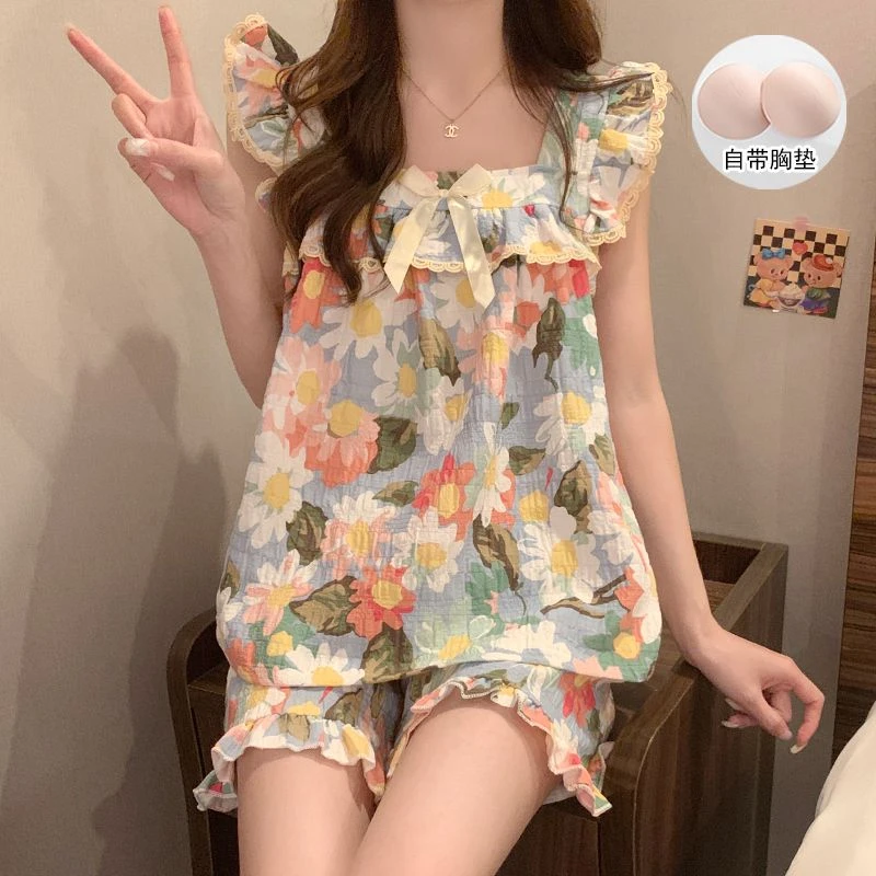 油画花朵睡衣纱布质感蕾丝飞袖带胸垫可外穿2025夏季女家居服套装