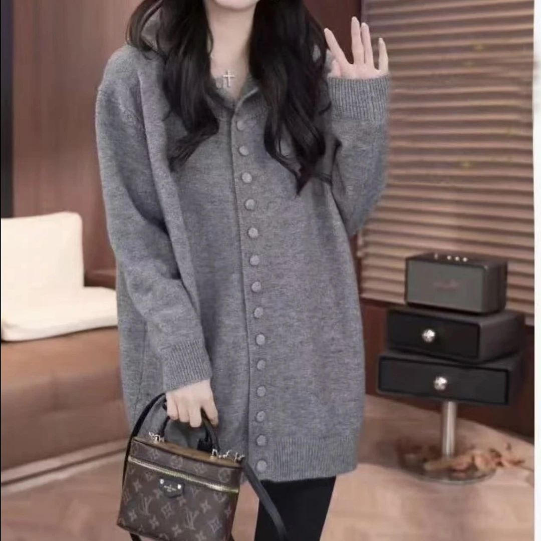 【冬季盛宴】zs 灰色连帽秋冬季慵懒风洋气毛衣开衫新款外套1573