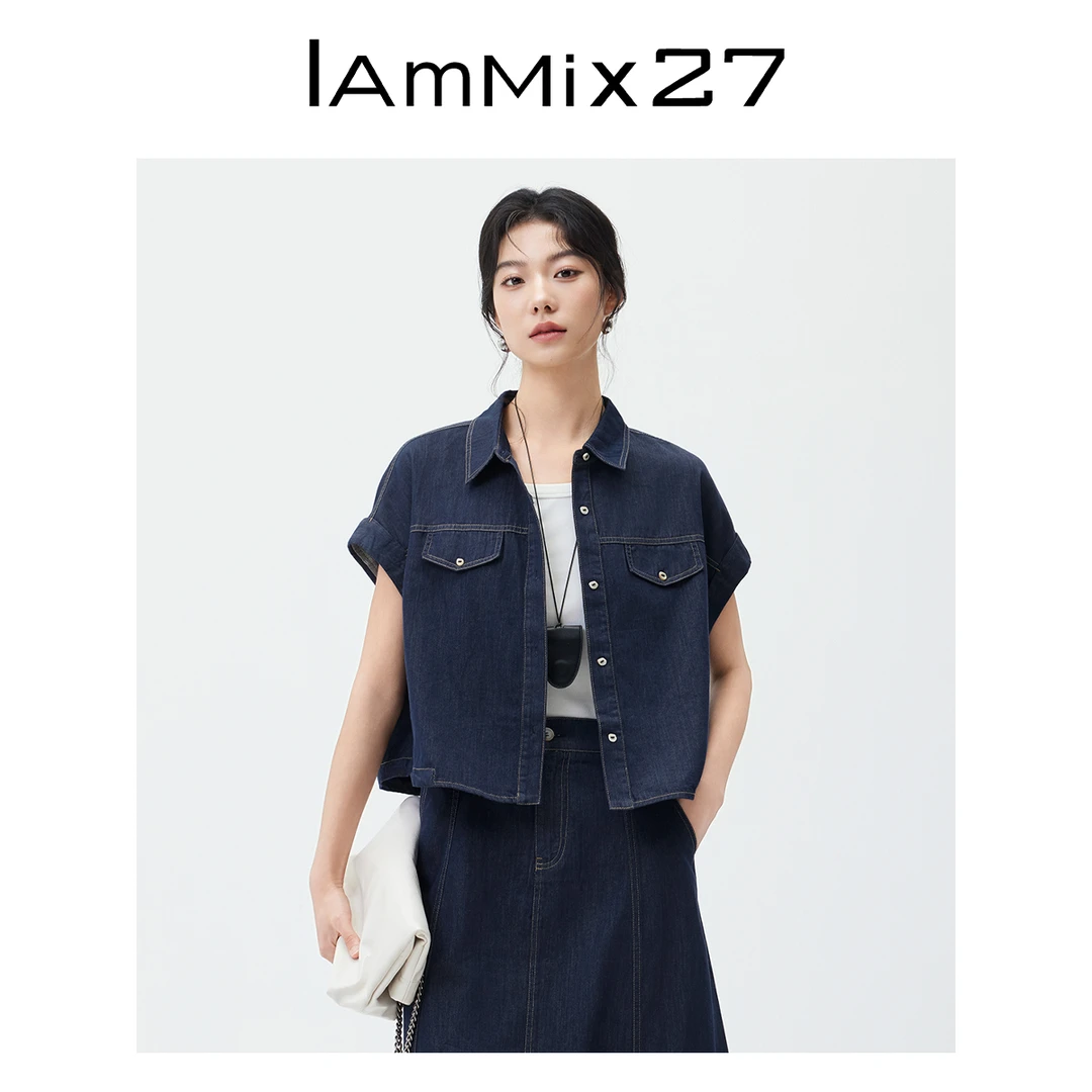Iammix27短袖牛仔外套女夏季简约复古百搭翻领休闲短外套Z5B3002