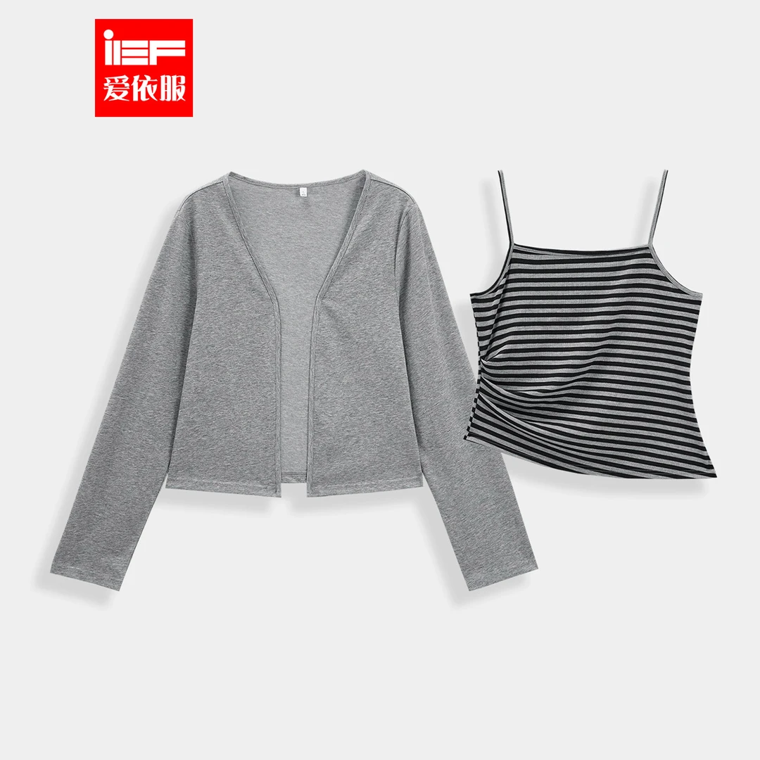 IEF/爱依服2025新款秋季夏季时尚休闲条纹大码显瘦简约两件套上衣