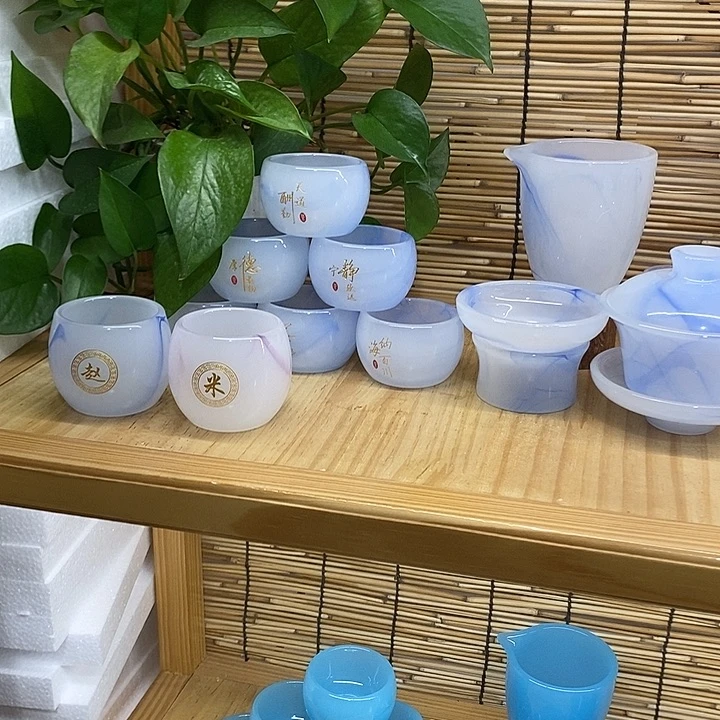 手工艺品琉璃飘蓝一套，刻字，主人杯2