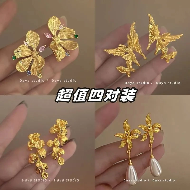 沉浸的夜 超仙法式复古彩色金属花朵耳环 轻奢高级感小众气质甜美