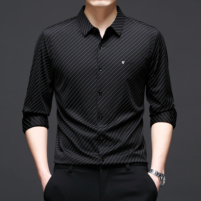 无痕衬衫男士长袖2025年春秋新款条纹高级感商务休闲抗皱免烫衬衣
