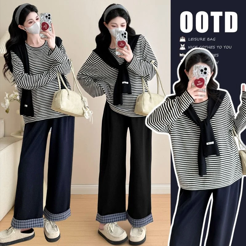 孕妇春秋法式慵懒条纹针织上衣披肩毛衫阔腿裤穿搭时尚外穿套装