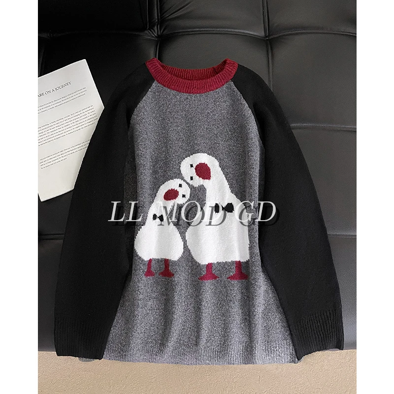 两只快乐鸭 长袖圆领针织衫秋冬季女款百搭宽松毛衣上衣LL-255616