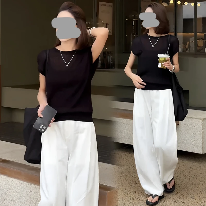 夏装搭配一整套时尚松弛感穿搭小个子洋气减龄黑色上衣阔腿裤套装