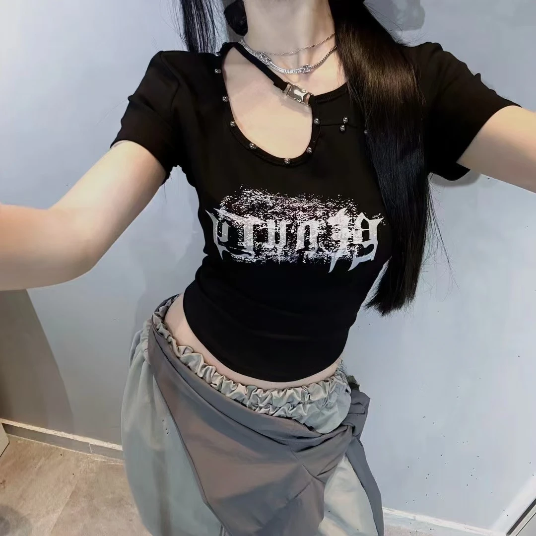 2025春夏新款斜领时尚潮流字母印花短袖t袖不规则显瘦修身上衣