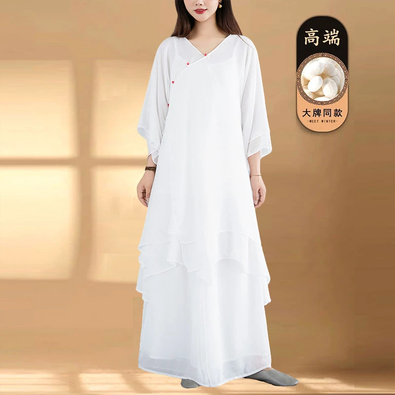 秋冬季佛系居士服白色仙气中国风飘逸禅舞服禅意茶服女素衣三件套