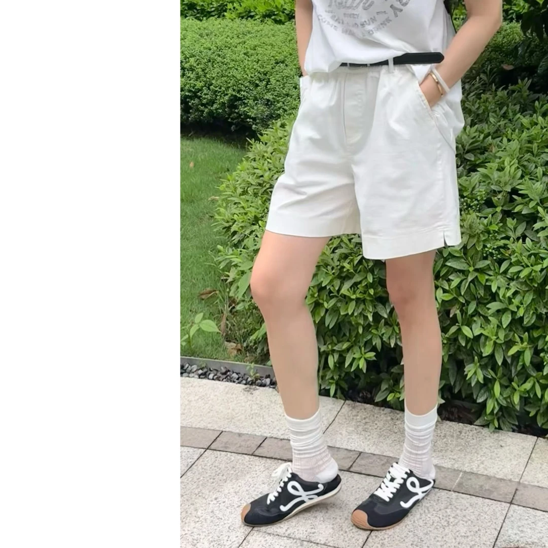 简约百搭白色牛仔4分短裤女夏新款港味薄款宽松松紧腰阔腿热裤